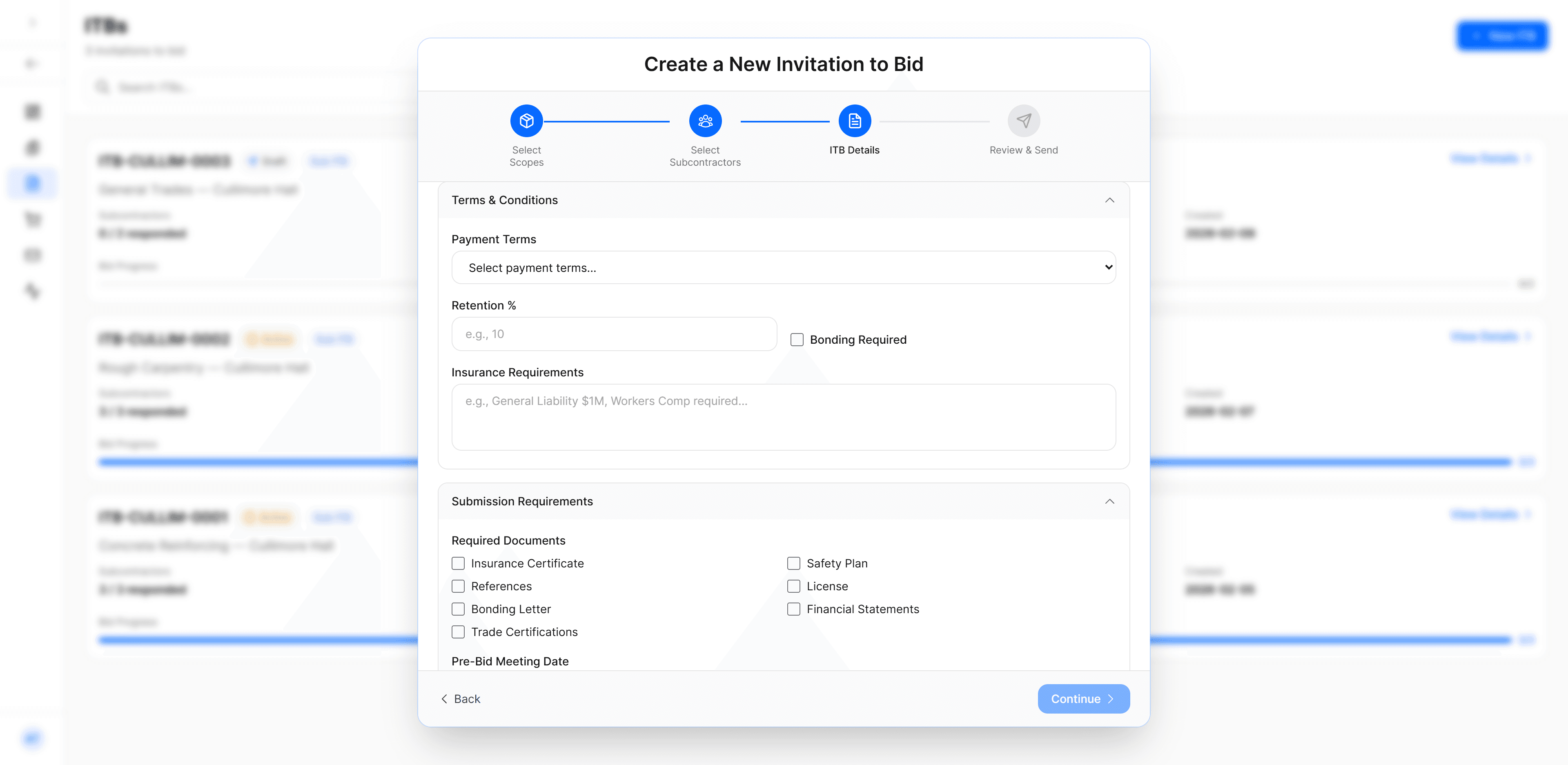 ITB Management - Create and send Invitations to Bid to subcontractors