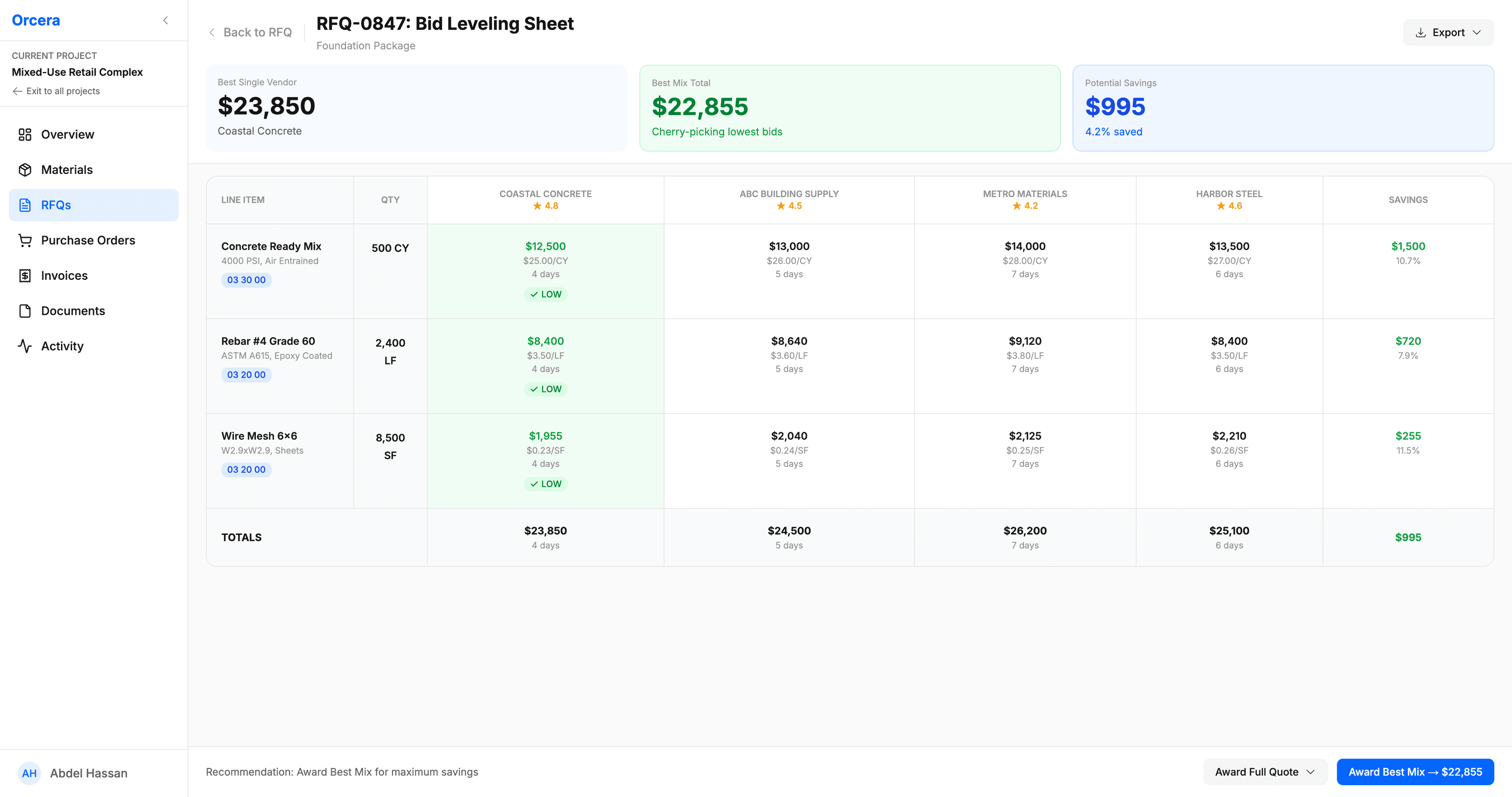 Bid Leveling Sheet - Compare vendor quotes and optimize savings